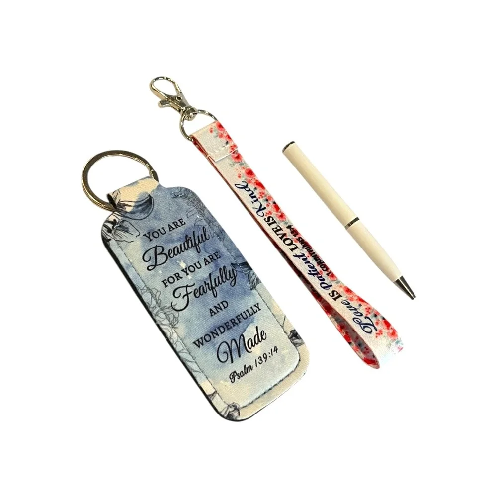 Religious Lip Balm Key Chain Women's Blue Floral Wristlet Scripture Set